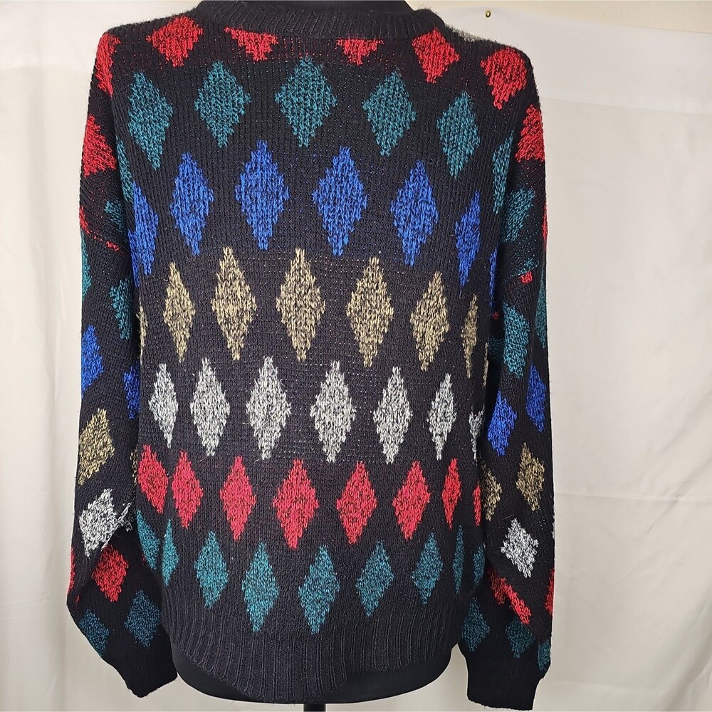 Vintage 80s 90s Multicolor Argyle Sweater Black Size Large Made in USA Edison